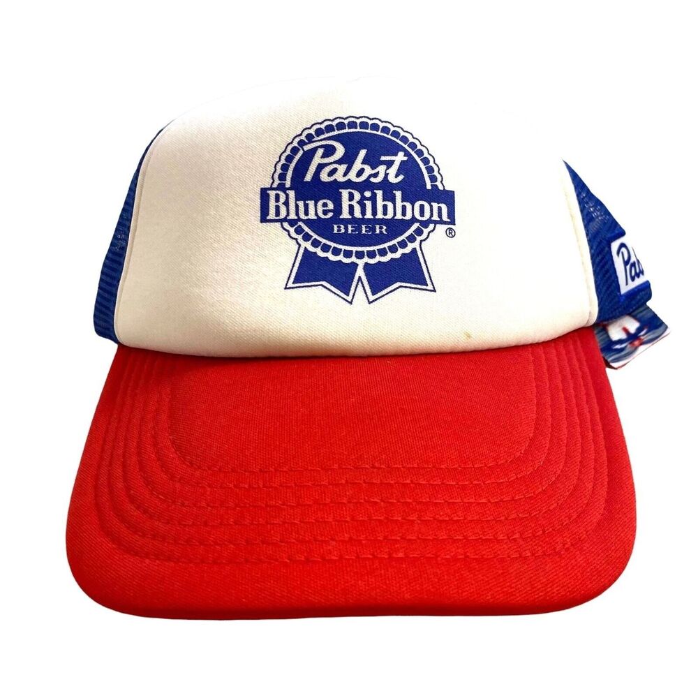 #4774 Pabst Blue Ribbon snap back cap small stain left front above brim